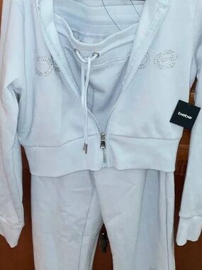 bebe Blue Rhinestone Logo Cropped Hoodie & Joggers